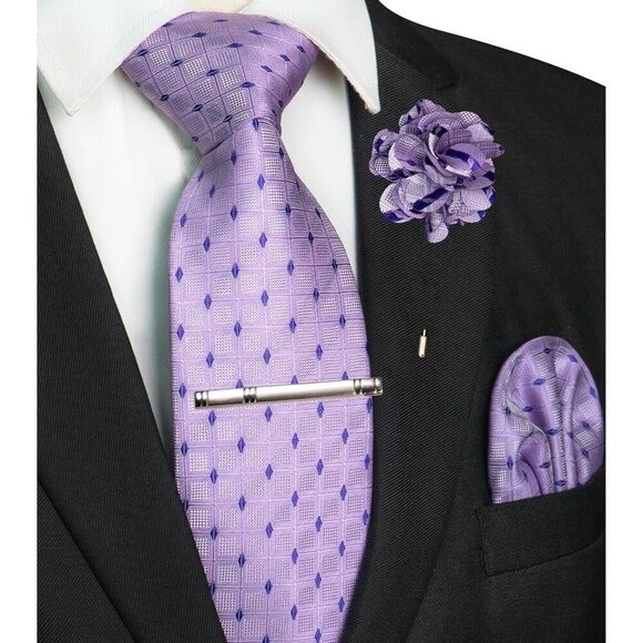 🆕Men Purple Plaid Checkered Necktie and Pocket with Tie Clip Lapel Pin Set Ties - Picture 2 of 4
